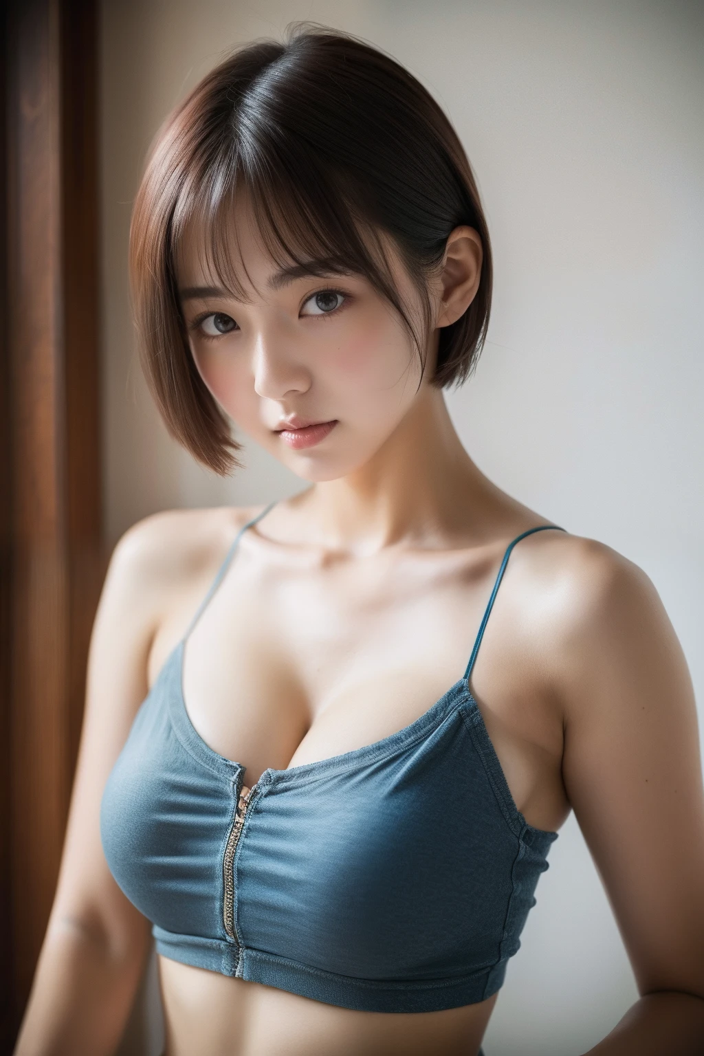 Raw photo, 1 girl, big breasts, camisole, summer, 23 years old, cute, perfect beautiful body, short hair,