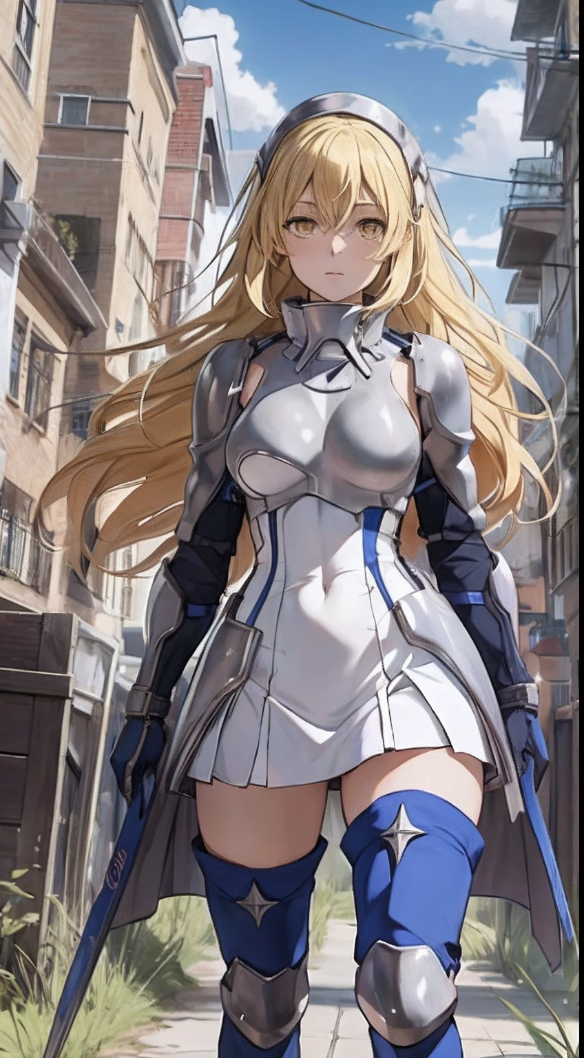 ais, 1girl, solo, blonde hair, armor, long hair, straight hair, thighhighs, boots, dress, yellow eyes, thigh boots, blue long boots, blue footwear, covered navel, breastplate, shoulder armor, gloves, white dress outdoor, sunny, standing