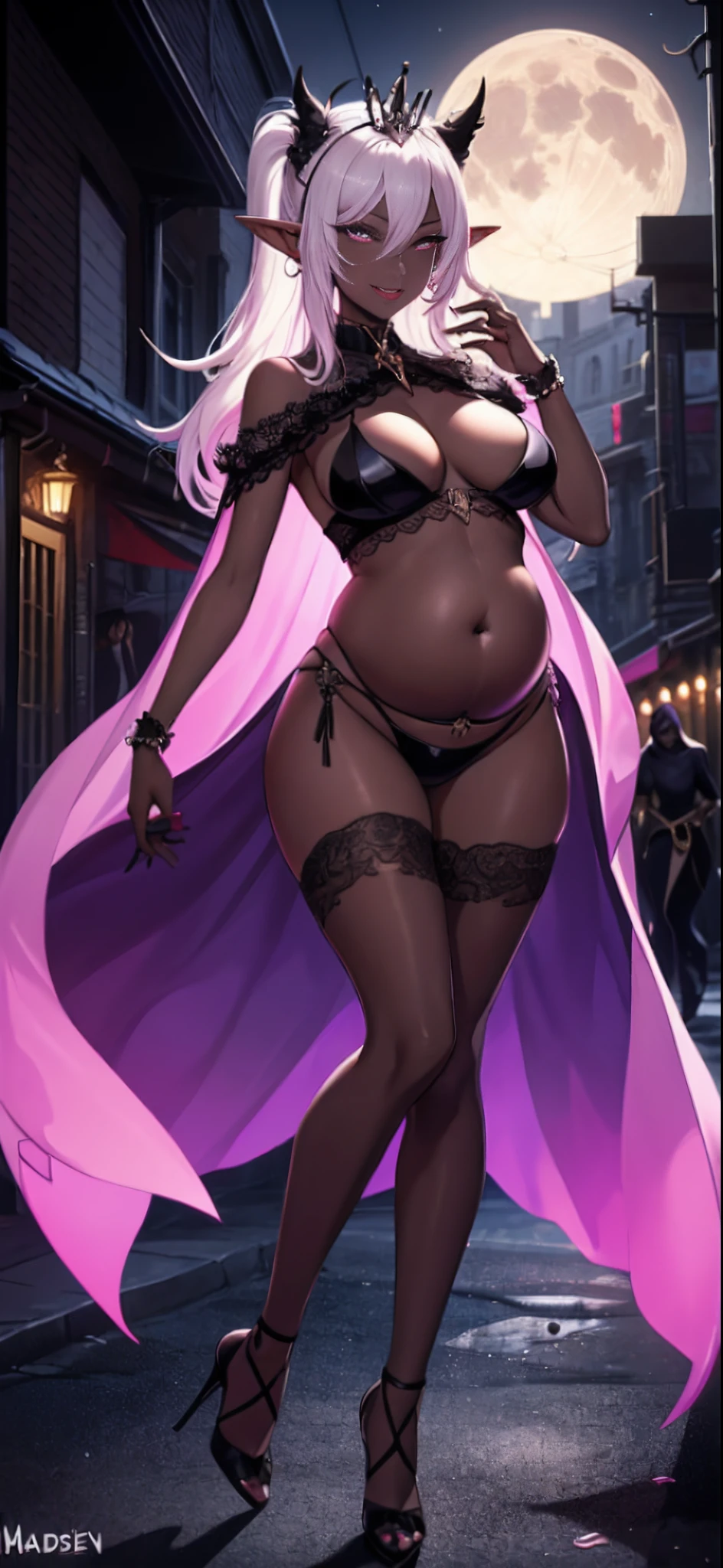 the night，独奏，full bodyesbian，skin dark，Drow Elves，Prostitutes，Customs，Sex practitioners，，long  white hair，Princess crown，Black skin，elvish ears，Pink love pupils，A happy expression，delicated face，Iron collar，Nipple rings，Excitation，Oversized breasts，Lace transparent lingerie，Purple transparent cloak，Shirtless，belly dance，slender leg，legs separated，High-waisted oily black silk，pretty high-heel，Sexy figure，The whole body is oily，Prostitutes，3 months pregnant，hot girls，Q of spades，，（Background night，themoon，Moonlight shines，Black alley background，Unlit alley， Dark atmosphere），Surrounded by a pink aura，，