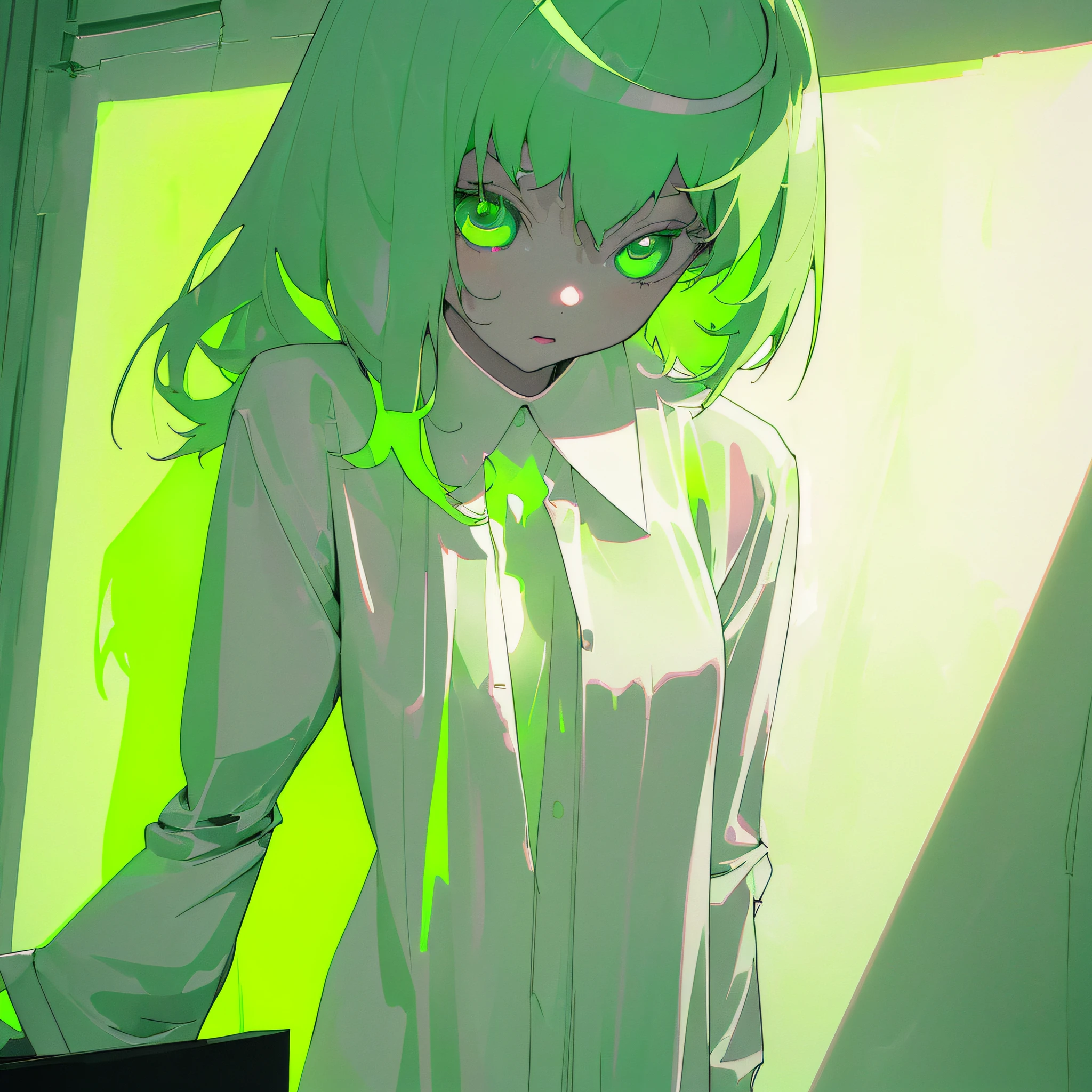 ​masterpiece, top quality, highest resolution, 1girl in 8years old, (white oversized shirt:1.3), (pale green hair with a lot of fluorescent colors), (delicate fluorescent green eyes:1.4), (a corner of a dark room), (fullnude:1.0), (highcontrast:1.1), best light and shadow,