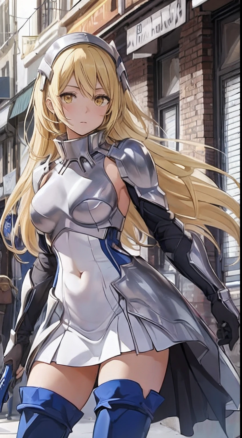 ais, 1girl, solo, blonde hair, armor, long hair, straight hair, thighhighs, boots, dress, yellow eyes, thigh boots, blue long boots, blue footwear, covered navel, breastplate, shoulder armor, gloves, white dress outdoor, sunny, standing