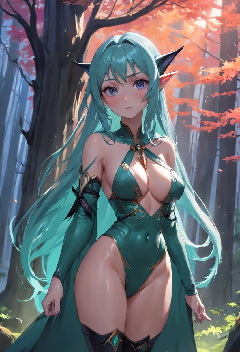 the elf,sorceress woman,12year old,s girl,Lori huge breasts cleavage,Pointed face,Black shawl hair,ln the forest,Impeccable,Small of breast,Small buttocks