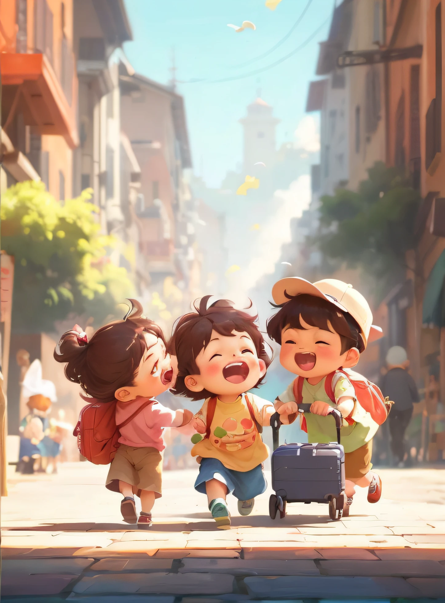 a group of children running down a street with luggage, adorable digital painting, childrens art in artstation, cute digital art, cute boys, digital cartoon painting art, by Qu Leilei, cute detailed digital art, by Li Song, by Goro Fujita, artwork in the style of guweiz, cute cartoon, children's cartoon, cute art style