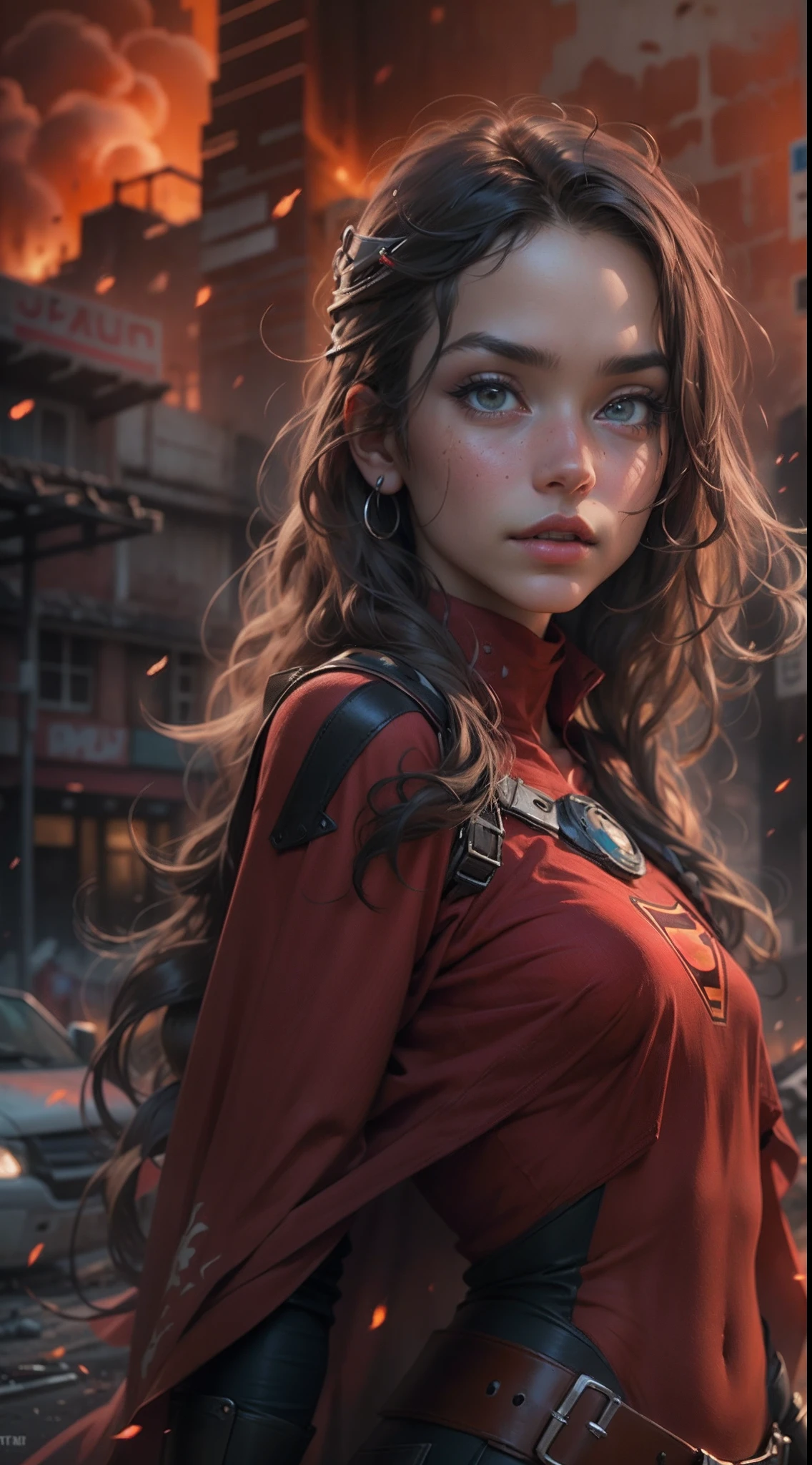 motor irreal:1.4,CG ultra realista 64K, fotorrealista:1.4, textura de la piel:1.4, obra maestra:1.4,posing behind Beautiful Woman in a Supergirl costume standing in front of an apocalyptic city of fire, mostrando vientre plano,Minifalda roja, ,hermosas manos finas,