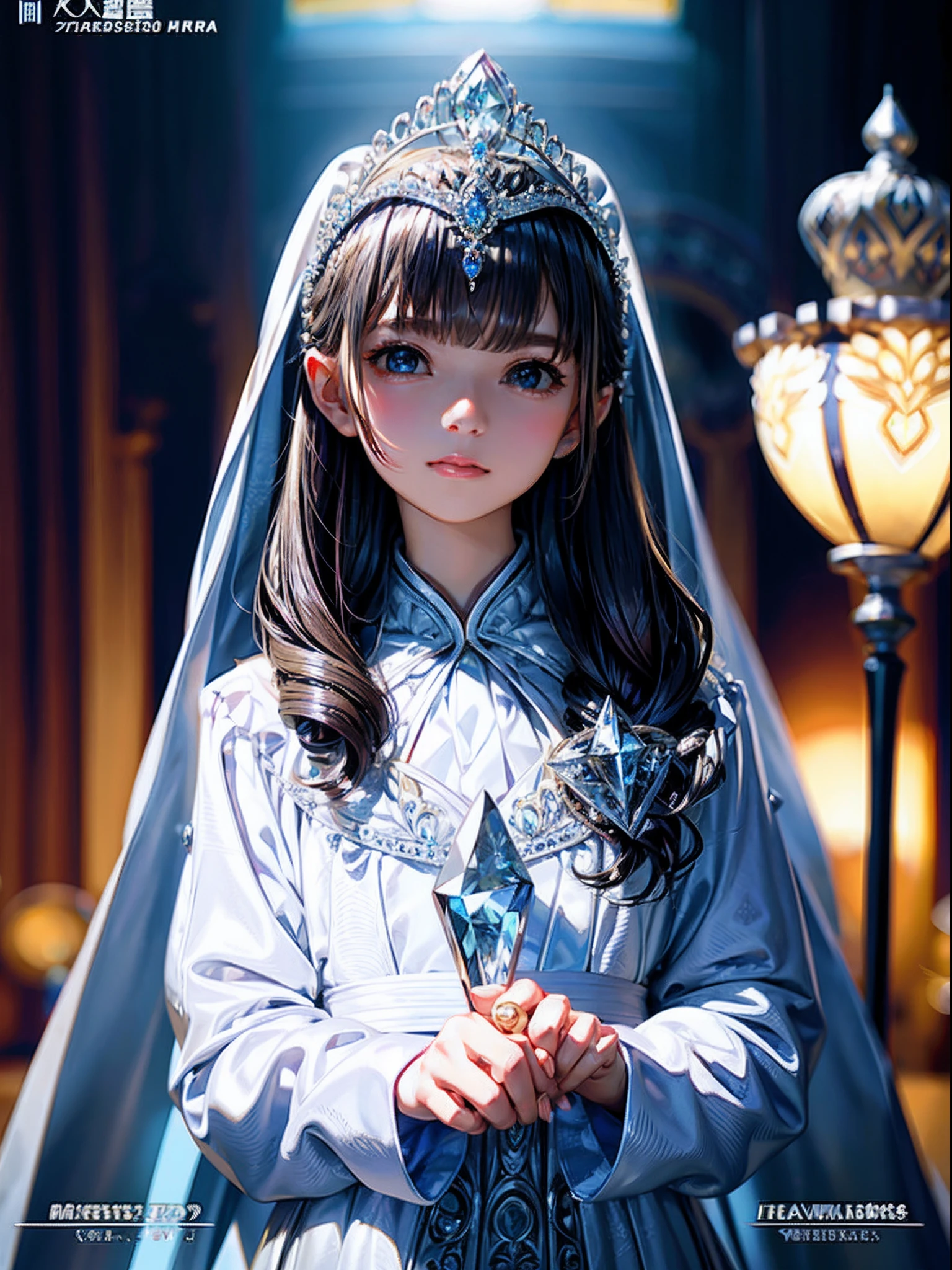 Professional , masterpiece、top-quality、photos realistic , depth of fields (Gemstone Silver Metal Body:1.9),Matte White、(ultimate beauty girl)、(Jewel Metal Body:1.4) ,Detail and ornate jewel crown、Black hair、((twinsies)),(((Diamond tiara with detail and luxury)))、a small face、20 year old beautiful woman、Stand in the center of the screen、Straight long hair、Beautiful Caucasian beauty、Whole body、,Luminescent particles,light scattering,Tindall Effect、palace background、Princess、((sisterhood))、Laugh