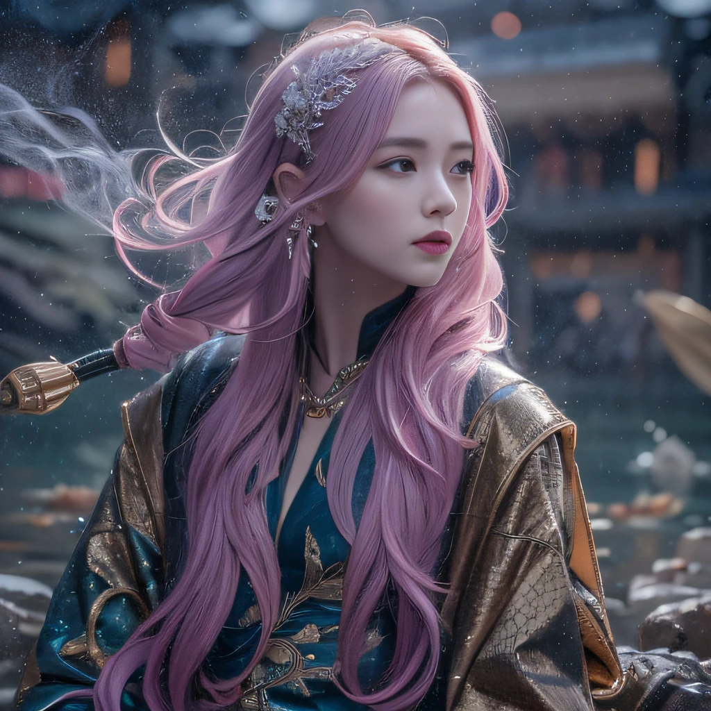 32K（tmasterpiece，k hd，hyper HD，32K）Long flowing purple-pink hair，Autumn Pond，zydink， a color，  Tongzhou people （Girl with glowing eyes）， （Thin silk scarf）， Combat posture， looking at the ground， long whitr hair， Floating hair， Python headdress， Chinese long-sleeved clothing， （abstract ink splash：1.2）， white backgrounid，Lotus protector（realisticlying：1.4），Purple-pink hair，Smoke and rain，The background is pure， A high resolution， the detail， RAW photogr， Sharp Re， Nikon D850 Film Stock Photo by Jefferies Lee 4 Kodak Portra 400 Camera F1.6 shots, Rich colors, ultra-realistic vivid textures, Dramatic lighting, Unreal Engine Art Station Trend, cinestir 800，Long flowing purple-pink hair