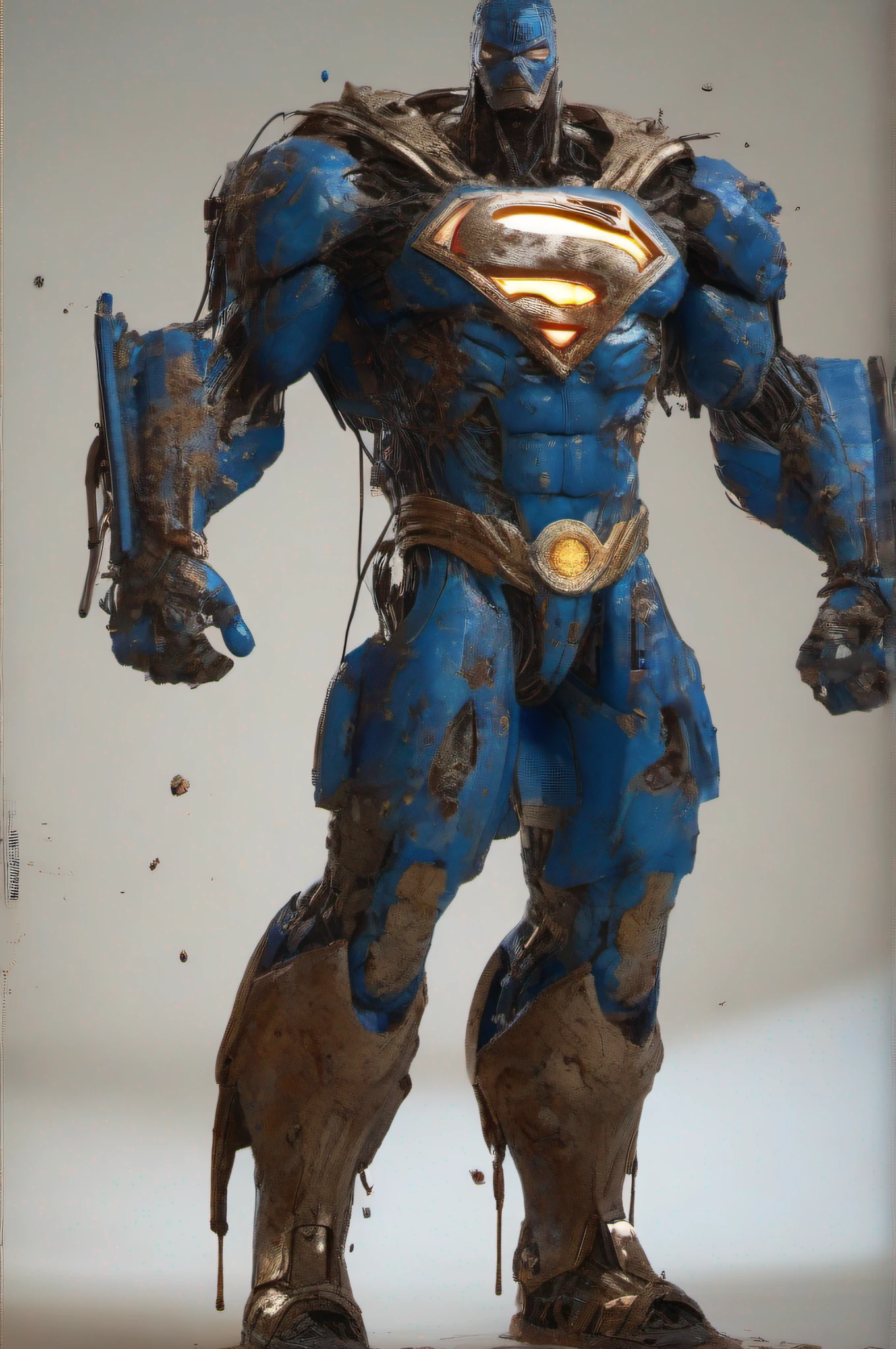 entire Character, Full height, Broken. Superman's Suit. old, rusty, ripped open, battered, with dents, and cracked, with some sparks, broken wirings, connectors, loose bolts, and screws, vomiting with a glowing blue liquid, glowing mechanical structure, and flowing golden liquid, plaster texture, made of rusty copper, hyper-realistic, octane render