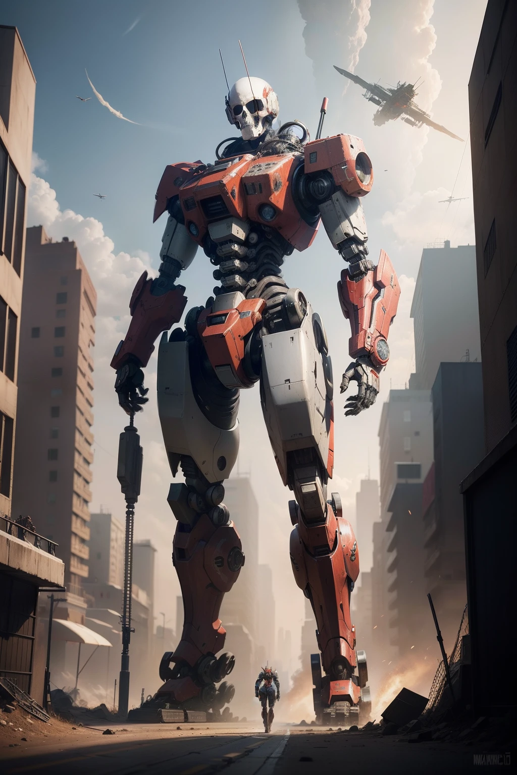 A full-length portrait of a red-eyed ancient robot standing in front of the Mechanical City, gear mecha, painterly humanoid mecha, tremendous mecha robot, Machinary, mega humanoid mech, Steampunk-style mech, anime large mecha robot, giant anime mecha, metal gear mech, cool mecha style, Humanoid mech，skeleton head