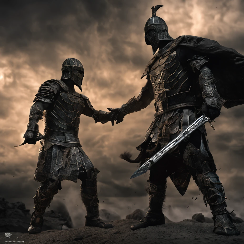 Socrate in badass armure ready to fight, Best quality, Masterpiece, 超高分辨率, (photograph realistic:1.4), surrealism, Dream-like,fusionart, Shadowdancer, shadow magic, darkness control, stealth, shadowstep, umbral spells, hidden blade,