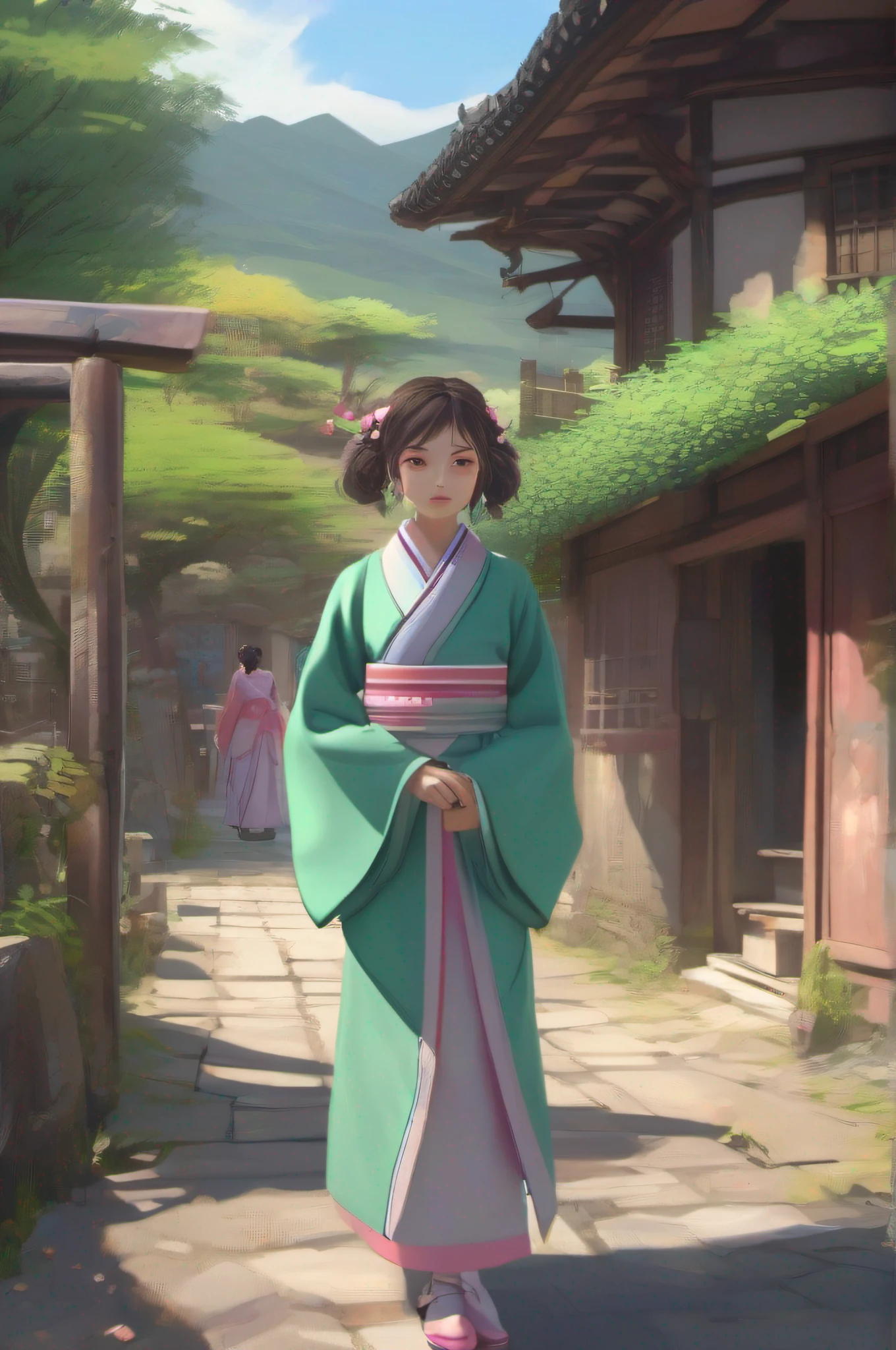 ((entire character)), ((zoom-out)), ((front view)), ((looking at the camera)), Anime Style Zhao Lusi Wearing Korean Hanbok, mint green Jeogori and pink chima, Brown Hair, Walking Around Old Japanese ruined village, Cool Colors, 8k, Far shot, Long shot, wide angle, realistic, detailed, Hasselblad, Makoto Shinkai