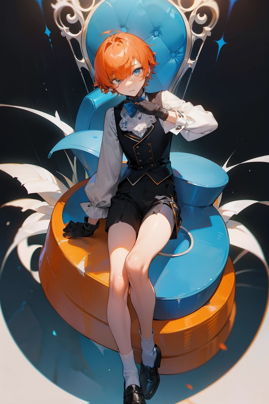 A teenager,orange short hair,blue color eyes,Bangs cover one eye,Wear a white shirt,The cuffs have long lace trims,blue bowtie,longer sleeves,Wearing black shorts,show legs,Wear white socks and leather shoes,He wears black half-palm gloves on his hands,The whole in Wonderland