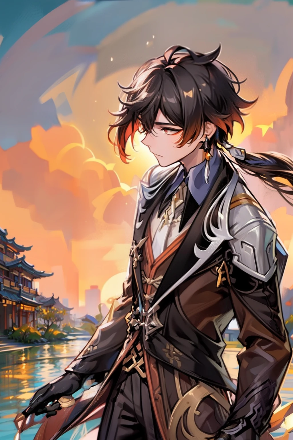 1 male solo, dynamic pose, cinematic shot, brown hair, long brown jacket, ((old chinese town))