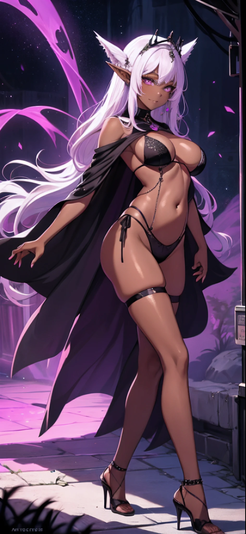 the night，独奏，full bodyesbian，dark-skin，Drow Elves，Prostitutes，Customs，Sex practitioners，，long  white hair，Princess crown，Black skin，elvish ears，Pink love pupils，A happy expression，delicated face，Iron collar，Nipple rings，Excitation，extremely large bosom，Large areola，Lingerie transparent，Purple translucent cloak，Shirtless，belly dance，slender leg，legs separated，High-waisted oily black silk，pretty high-heel，Sexy figure，The whole body is oily，Prostitutes，Pregnancy in October，hot girls，Q of spades，，（Background night，themoon，Moonlight shines，Black alley background，Unlit alley， Dark atmosphere），Surrounded by a pink aura，，