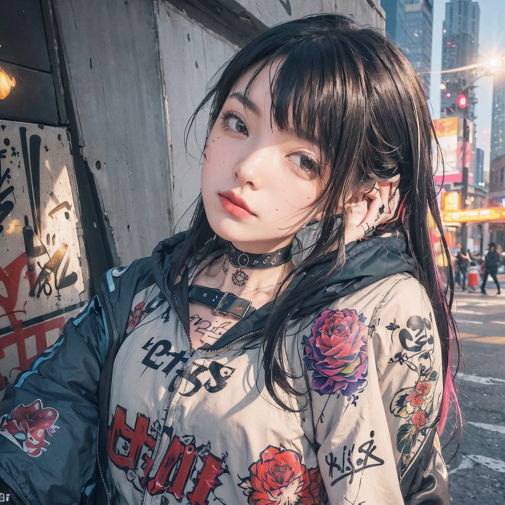best quality, masterpiece, extremely detailed, detailed background, urban, 1girl, emo, (long colorful hair), tattoos, medium breasts, jacket, choker, streets, graffiti, solo focus, close up, depth of field, atmospheric lighting, colorful,