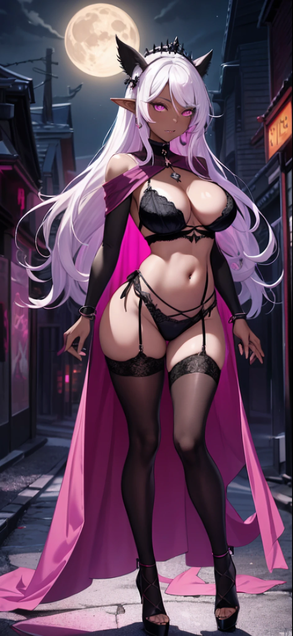 the night，独奏，full bodyesbian，dark-skin，Drow Elves，Prostitutes，Customs，Sex practitioners，，long  white hair，Princess crown，Black skin，elvish ears，Pink love pupils，A happy expression，delicated face，Iron collar，Nipple rings，Excitation，extremely large bosom，Large areola，Lingerie transparent，Purple translucent cloak，Shirtless，belly dance，slender leg，legs separated，High-waisted oily black silk，pretty high-heel，Sexy figure，The whole body is oily，Prostitutes，Pregnancy in October，hot girls，Q of spades，，（Background night，themoon，Moonlight shines，Black alley background，Unlit alley， Dark atmosphere），Surrounded by a pink aura，，