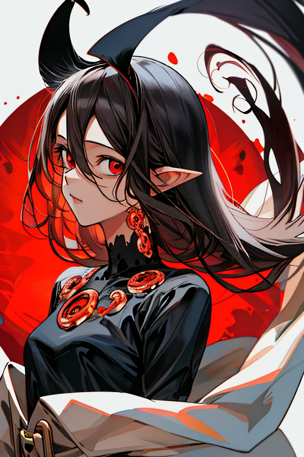 NSFW,tmasterpiece, best qualityer, ultra - detailed, absurderes, coloring, 1girll, soio, (solid red eyes: 1.0), (whaite hair, Long hair, hair straight, hair on one eye: 1.0), 詳細な目, opens his eyes wide, cilium, (The upper part of the body: 0.8), monstergirl, the sideview, eye disease, low head, natta, Therefore,Teno, pointy ears, Horror, darkly, with black background, looki at viewer, corona, hight contrast, up lighting, (Levante-Cypriot: 0.8), Aura, fractals background, Court, spirals, devil horns, energy, a mosaic, hell