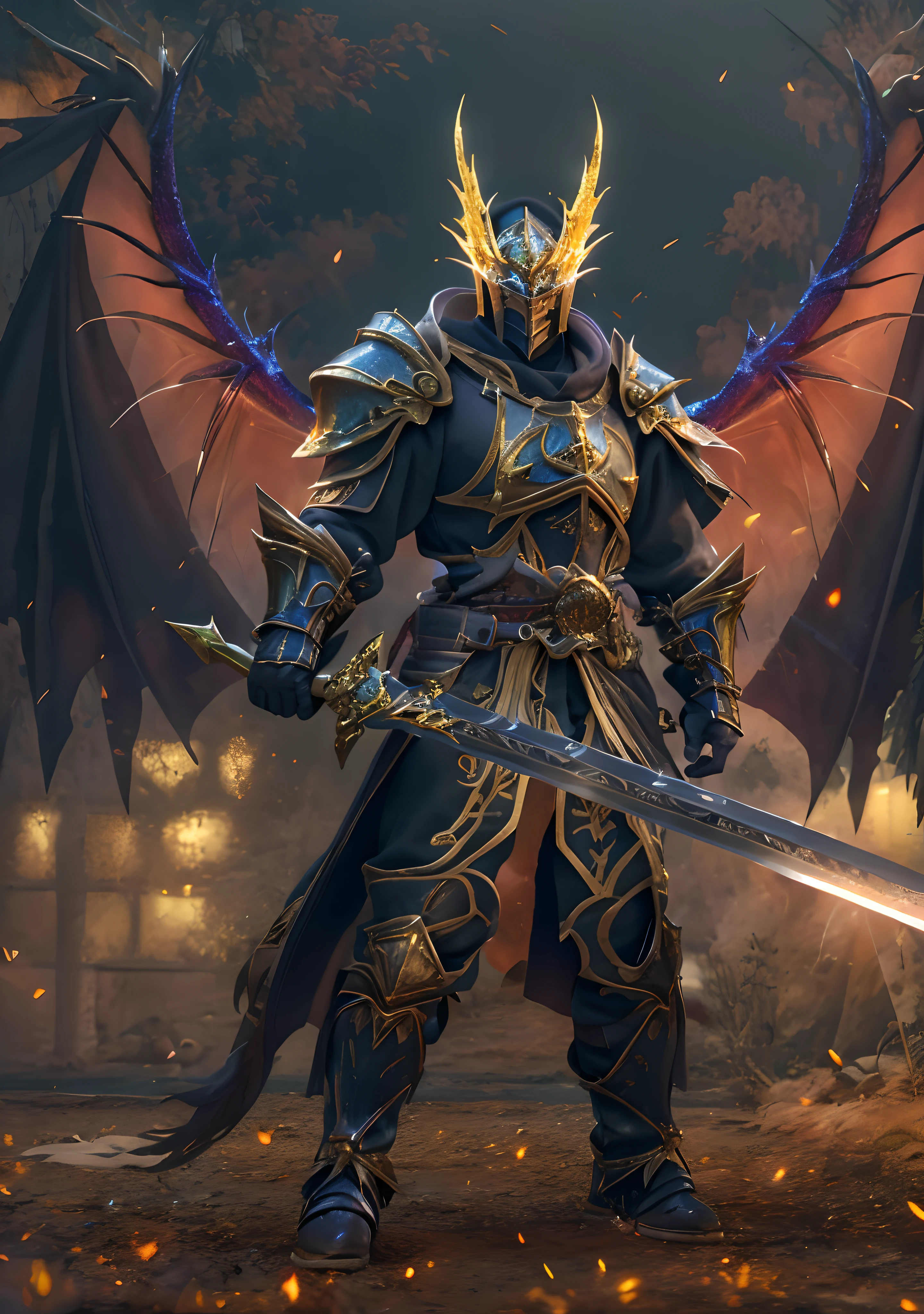 Design a male character who is a knight and has a strong sense of justice. Golden+Black armor, stylish and unique. Taking a huge sword. Volumetric lighting, realism BREAK (masterpiece:1.2), (best quality), 4k, ultra-detailed, (dynamic composition: 1.4), high detailed, colorful details, (gloomy colors: 1.2), (luminous lighting, atmospheric lighting), gloomy, magical, (solo: 1.4), (((glove full hands))), Dragon Warrior, catalog of weapons, (Magic wings on shoulders)