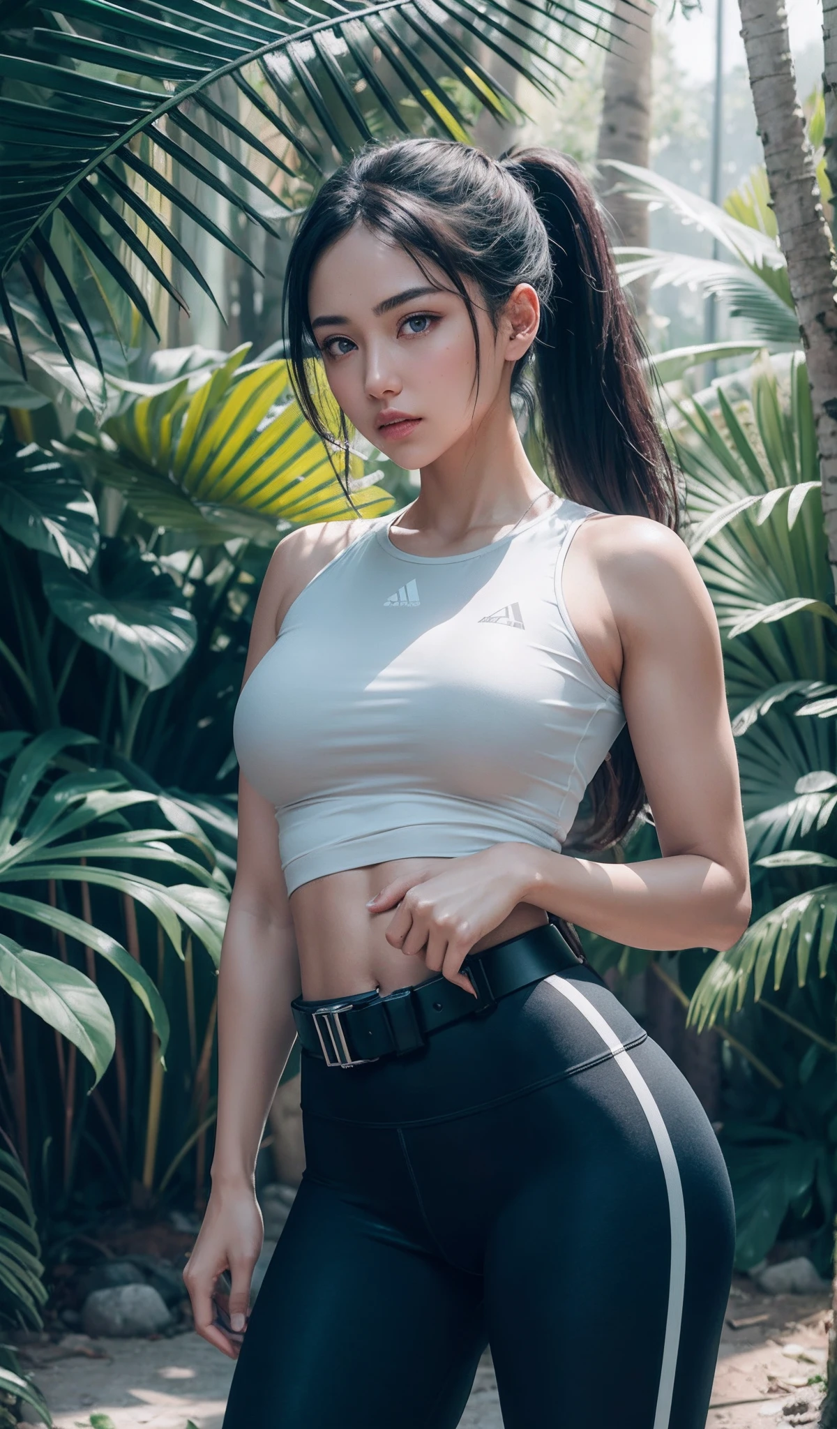 1 girl, beautiful eyes, red face, slightly open lips, full and symmetrical breasts, bulging buttocks, tight sports shirt, white skinny yoga pants, detailed lines between the thighs, white sneakers, black hair, high ponytail, belt, tattoo, running track, park, jungle, lake, chest close-up, hip close-up, HDR (High Dynamic Range), ray tracing, NVIDIA RTX, Super Resolution, Unreal 5, Subsurface scattering, PBR textures, Post processing, Anisotropic filtering, Depth of field , Maximum sharpness and sharpness, Multi-layer textures, Albedo and specular maps, Surface shading, Accurate simulation of light-material interactions, Octane rendering, Duotone lighting, Low ISO, White balance, Rule of thirds, Large aperture, 8K RAW, High efficiency sub-pixel, Subpixel convolution, (Glow particles: 1.4), {{Masterpiece, Best Quality, Extremely detailed CG, Unity 8k wallpaper, 3D, cinematic lighting, lens flare}},