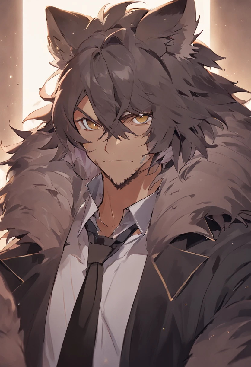 4K, high resolution, Best quality, Masterpiece, perfect colors, perfectly shaded, Perfect lighting, posted on e621, (by Chunie), Furry, anthro, Furry art,middle aged man,Big back,Black and white hair,stubbles,Handsome face,wind coat,Business suit,围巾,cigars,Male leopard,two tone color hair,eye glass,(Middle Age),,Detailed fur, Detailed face, Perfect face, (The stands up), Detailed background, ((Bonifasko lighting)), coda, (Detailed eyes), perfect pupils