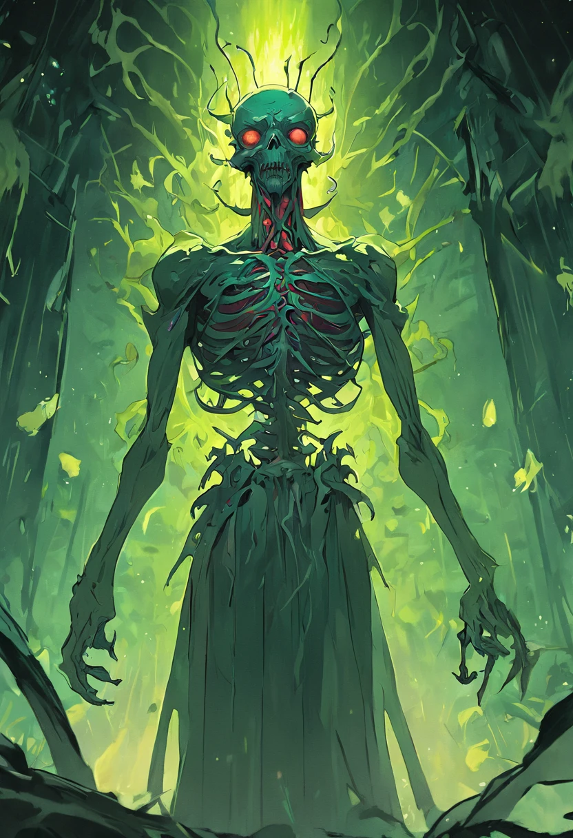 Undead skeletal zombie with open chest with a fungus inside Neon green with sprouts and roots covering the body Neon green eyes Destroyed ranger clothing Dirty arms covered by roots and legs with blisters covering his body Background of a radioactive swamp blood toxic neon green look at us facing the viewer