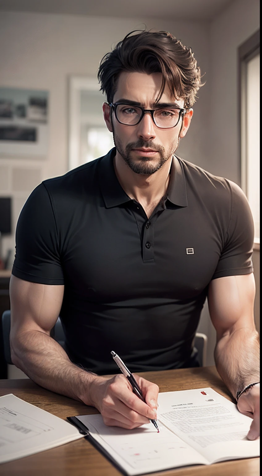 Um homem de 35 anos de idade, magro, black glasses, blusa polo lagoste, nariz fino, boca bem desenhada, nerd, estudioso, apaixonado por tecnologia, como se fosse o Deus Dionisio: emotivo, criativo and ilogico, realista, hiperealista, humano, detalhes, cinematic.