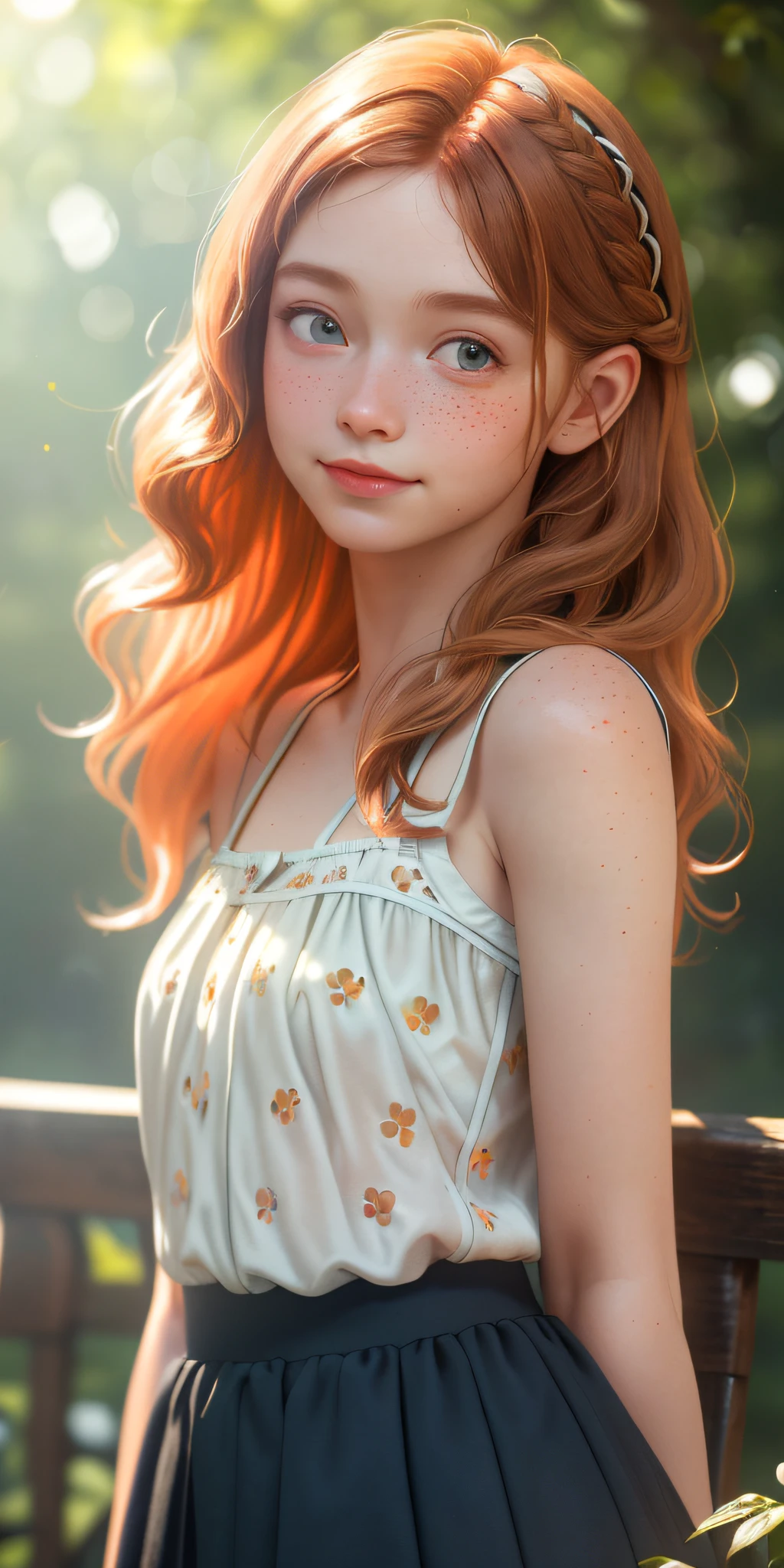 (Masterpiece, Best quality), 1girll, (Internal details), Upper body, Ginger hair, Wavy hair, view the viewer, strap slip, Side Chest, Skirt, Dappled sunlight, Bokeh, french braid, freckle, cheerfulness