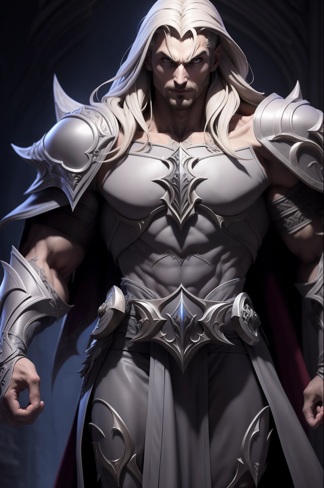 Style argile grise,(Masterpiece, Best quality), niveaux de gris,zbxr, Castlevania Lord of the shadows muscular full moroccan Armor leather Armor , yeux blancs,