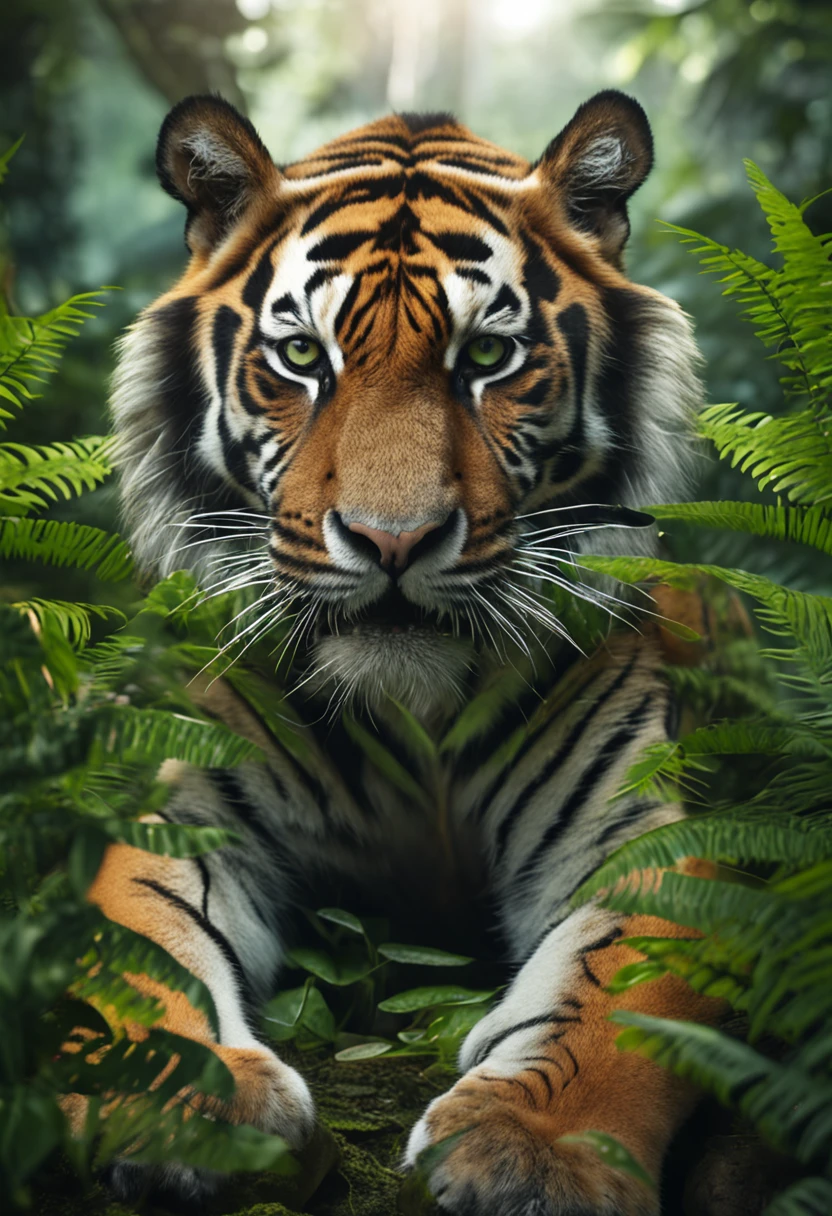 High nation-geographic symmetrical close-up portrait shoot in green jungle of an expressive tiger, anamorphic lens, ultra-realistic, hyper-detailed, green-core, jungle-core –ar 16:9 –q 2 –v 5