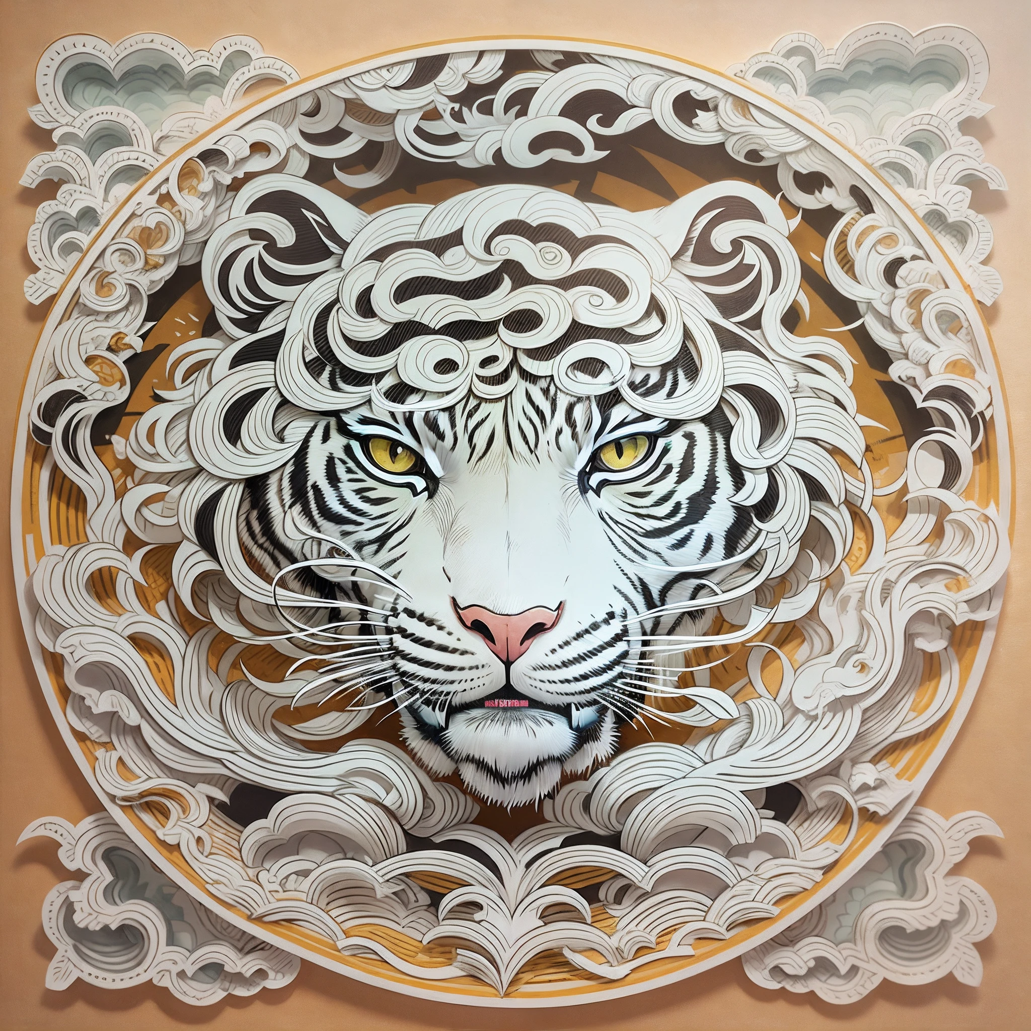 Tiger paper cutout, OHAXICXN icon,paper-cut craft, Auspicious clouds,white colors,{Round outer ring}