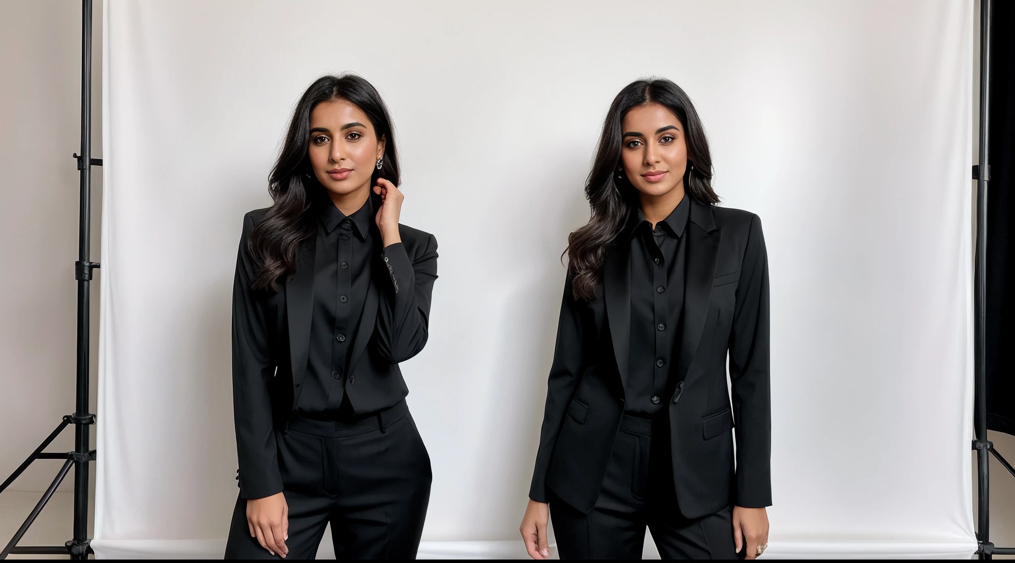 instagram photo, Arabian woman in a black suit, black shirt and black pants posing suit for a picture on the white background