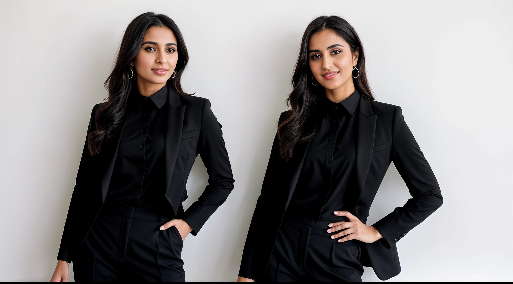 instagram photo, Arabian woman in a black suit, black shirt and black pants posing suit for a picture on the white background