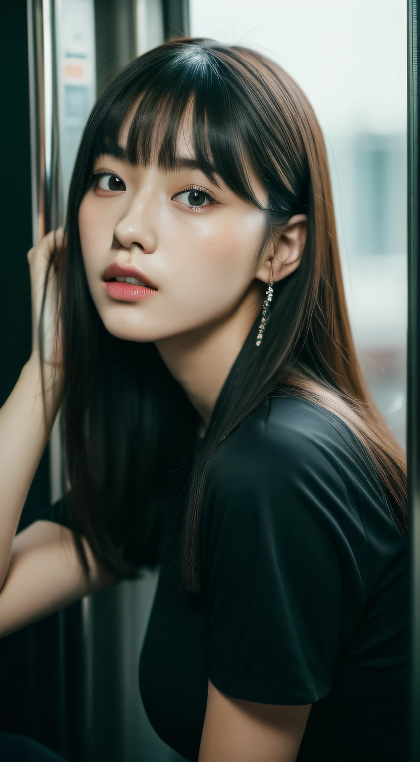 On the train、One lady、(Long Black Hair1.3)、With bangs、from side、Nice style、A sexy、(Colossal tits:1.2)、(masterpiece、top-quality)、((20 year old woman:1.2))、Young adorable Japan face, dewy skin, Soft portrait shots,8K,、very extremely beautiful、Looking at the camera,full body Esbian、Hands are off-screen、