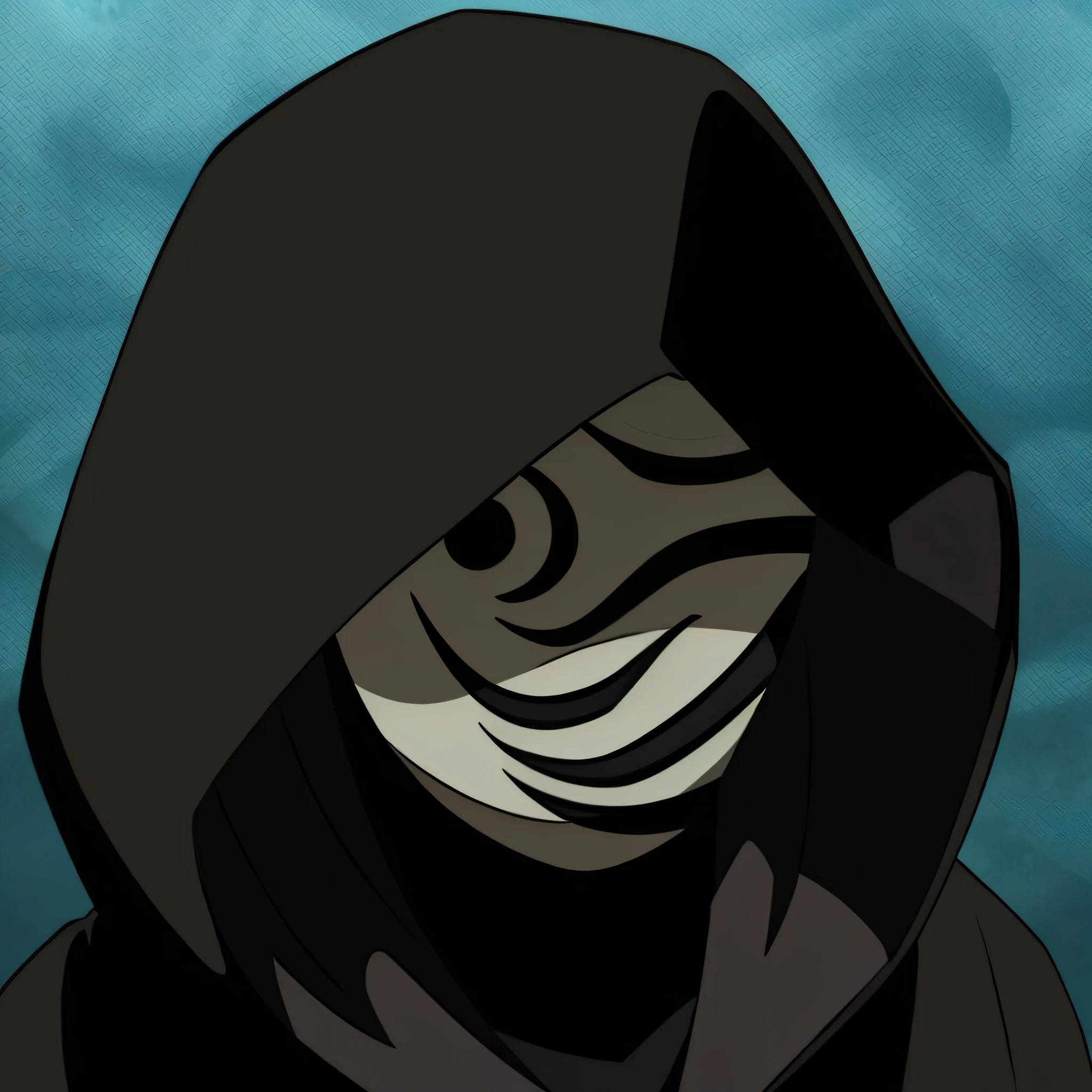 Close-up of a man in a hoodie,It has zebra stripes on it, in the anime series ergo proxy, dark hooded wraith, akatsuki akira, In animated films《Ergo Agent》Curly, the reaper as a scary, hooded cloaked sith lord, with no face, twisted god with no face, Cultists, Cloaked, wears glasses