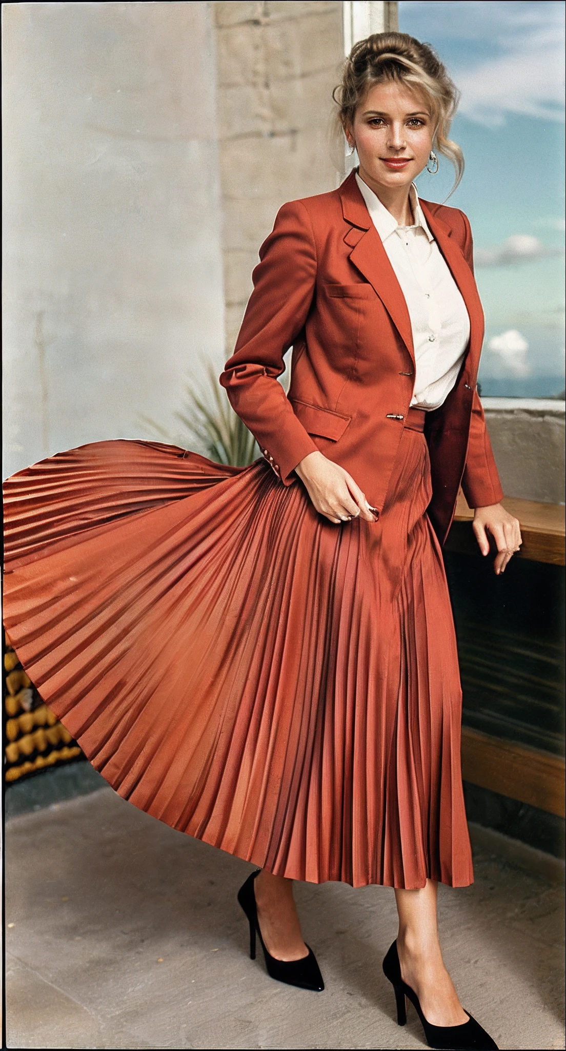 year 1994, lesbian space therapist, very (flirty:1,5) smiling good women wearing a short blazers and very very detailed (long (fully pleated) full circle skirts) and (simple) low heeled office shoes, very very intricate hyper-detailed symmetric (attractive graceful young feminine faces) with (sad, tired eyes and a shy smile), large breasts, full of empathy and compassion and love, (pronounced (feminine) features), (highly detailed ultra accurate realistic) hands and fingers, (windy conditions and wind blowing), epic composition, highly detailed attributes, highly detailed atmosphere, (35mm f1.4 Kodak portra 400 photograph), extremely high quality RAW photograph,