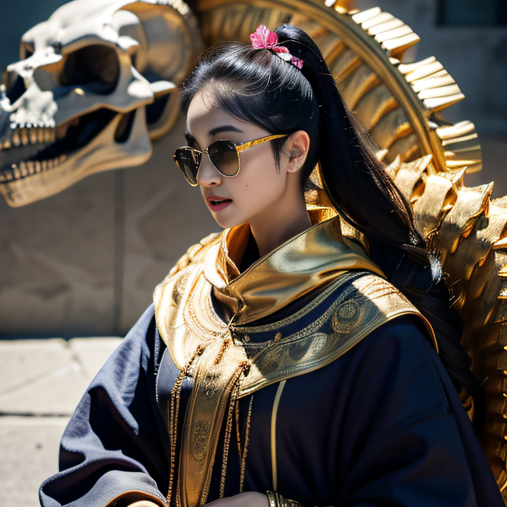 Lotus pond area，32K（tmasterpiece，k hd，hyper HD，32K）Purple-pink double ponytail，flower stick，Indigo Skull King ，Hold the heavy wooden steering wheel （The skeleton is realistic：1.4），Crocodile pattern robe，Rusty skull ornaments，Sargin linen cloak，Petals flutter，Deep gold sunglasses，Hold your head high，Be proud，The nostrils look at people，A primary and secondary school student， A high resolution，Xueba， the detail， RAW photogr， Sharp Re， Nikon D850 Film Stock Photo by Jefferies Lee 4 Kodak Portra 400 Camera F1.6 shots, Rich colors, ultra-realistic vivid textures, Dramatic lighting, Unreal Engine Art Station Trend, cinestir 800，Hold your head high，Lateral face，Be proud，The nostrils look at people，Tsundere，Petals flutter，Petals flutter，Crocodiles sprinkled with gold dust，Fluttering，Impeccable，( reasonable design, Clear lines, High sharpness,Best quality, Very detailed skeleton, The skeleton of a masterpiece, offcial art, movie light effect, 8K crocodile skeleton（（（Platinum marble sunglasses）））Deep gold sunglasses，side portrait