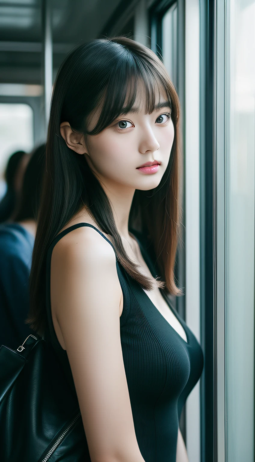 On the train、One lady、(Long Black Hair1.3)、With bangs、from side、Nice style、A sexy、(Colossal tits:1.2)、(​masterpiece、top-quality)、((20 year old woman:1.2))、Young adorable Japan face, dewy skin, Soft portrait shots,8K,、very extremely beautiful、Looking at the camera,full body Esbian、Hands are off-screen、