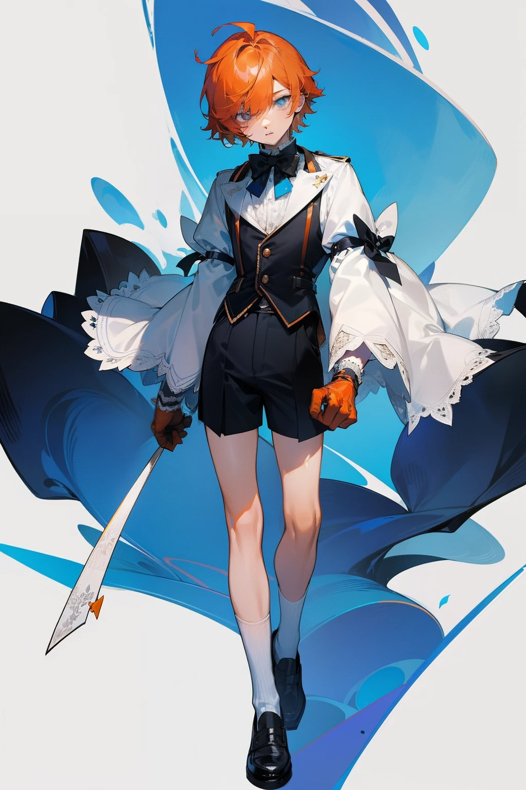 A teenager，orange short hair，blue color eyes，Bangs cover one eye，Wear a white shirt，The cuffs have long lace trims，blue bowtie，longer sleeves，Wearing black shorts，show legs，Wear white socks and leather shoes，He wears black half-palm gloves on his hands，The whole in Wonderland