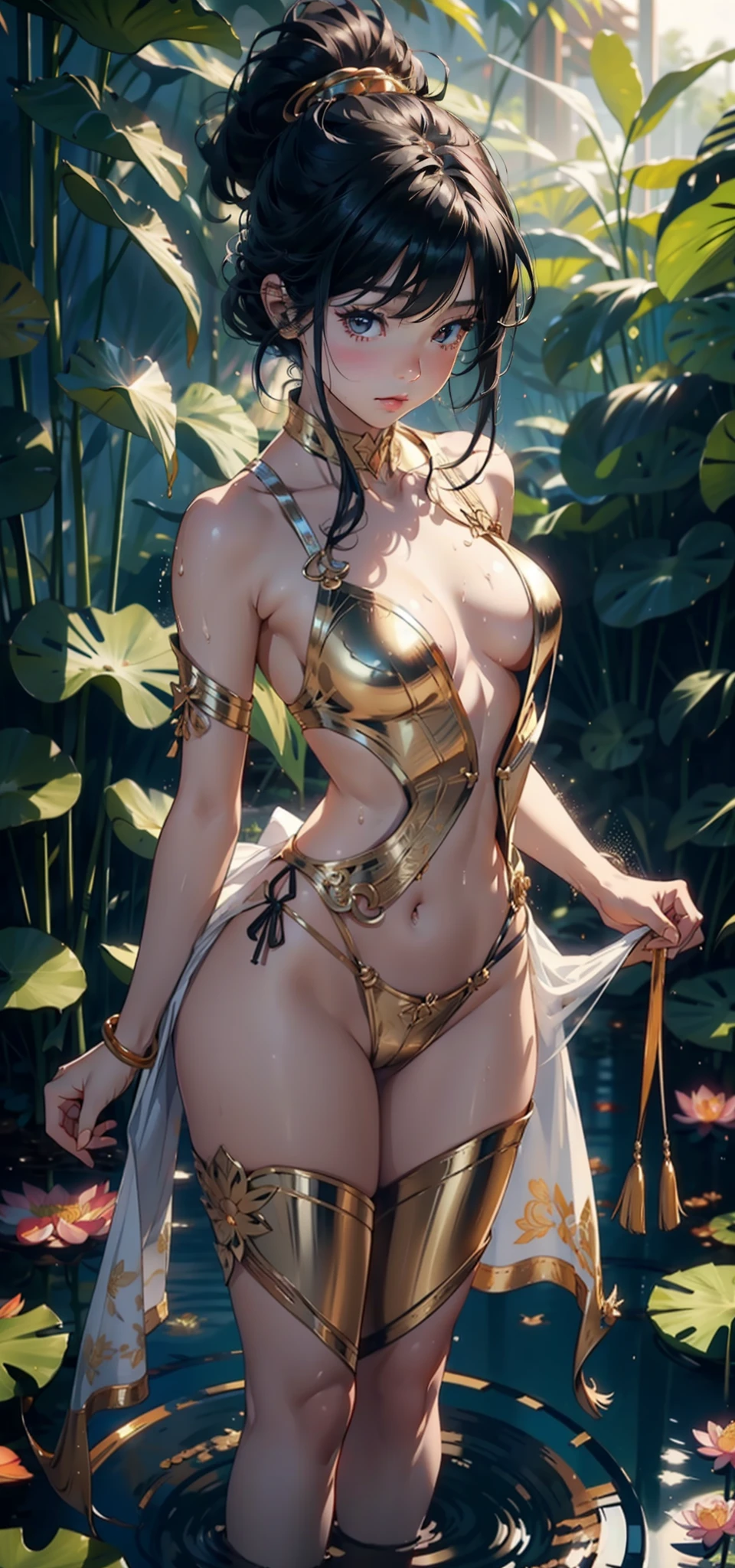 1female,age 5,Small ,Small chest Thin waist,Slim,,Pornographic exposure, 独奏,(Background with:bamboo forrest,lotuses,lotus flower,exteriors,Lotus pond) She has short black hair,standing on your feet,Sweat profusely,drenched all over the body,seen from the front, hair straight, mostly cloudy sky,(((tmasterpiece),(Very detailed CG unity 8K wallpaper),best qualtiy,cinmatic lighting,detailed back ground,beatiful detailed eyes,Bright pupils,Black eyes,(Very fine and beautiful),(Beautiful and detailed eye description),ultra - detailed,tmasterpiece,)),facing at camera,A high resolution,ultra - detailed),revealing breasts,Bare genitalia, Bulge,legs are open,Raised sexy,Camel toes,Flushed complexion,Open-mouthed,frontage,Gold Saint Seiya,(Wearing:Red transparent apron,Gold wire embroidery)