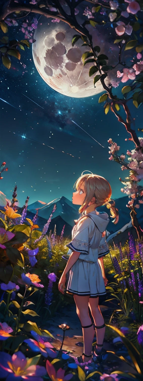 Expansive landscape photograph, (view from below with a view of the sky and the wilderness below), girl standing in a flower field looking up, (full moon: 1.2), (shooting star: 0.9), (nebula: 1.3), distant mountain, tree break production art, (warm light source: 1.2), (firefly: 1.2), lamp, purple and orange, intricate detail, volume lighting BREAK (masterpiece: 1.2), (highest quality ), 4k, ultra-detailed, (dynamic configuration: 1.4), highly detailed and colorful details (iridescent: 1.2), (sparkling lighting, atmospheric lighting), dreamy, magical, (solo: 1.2)