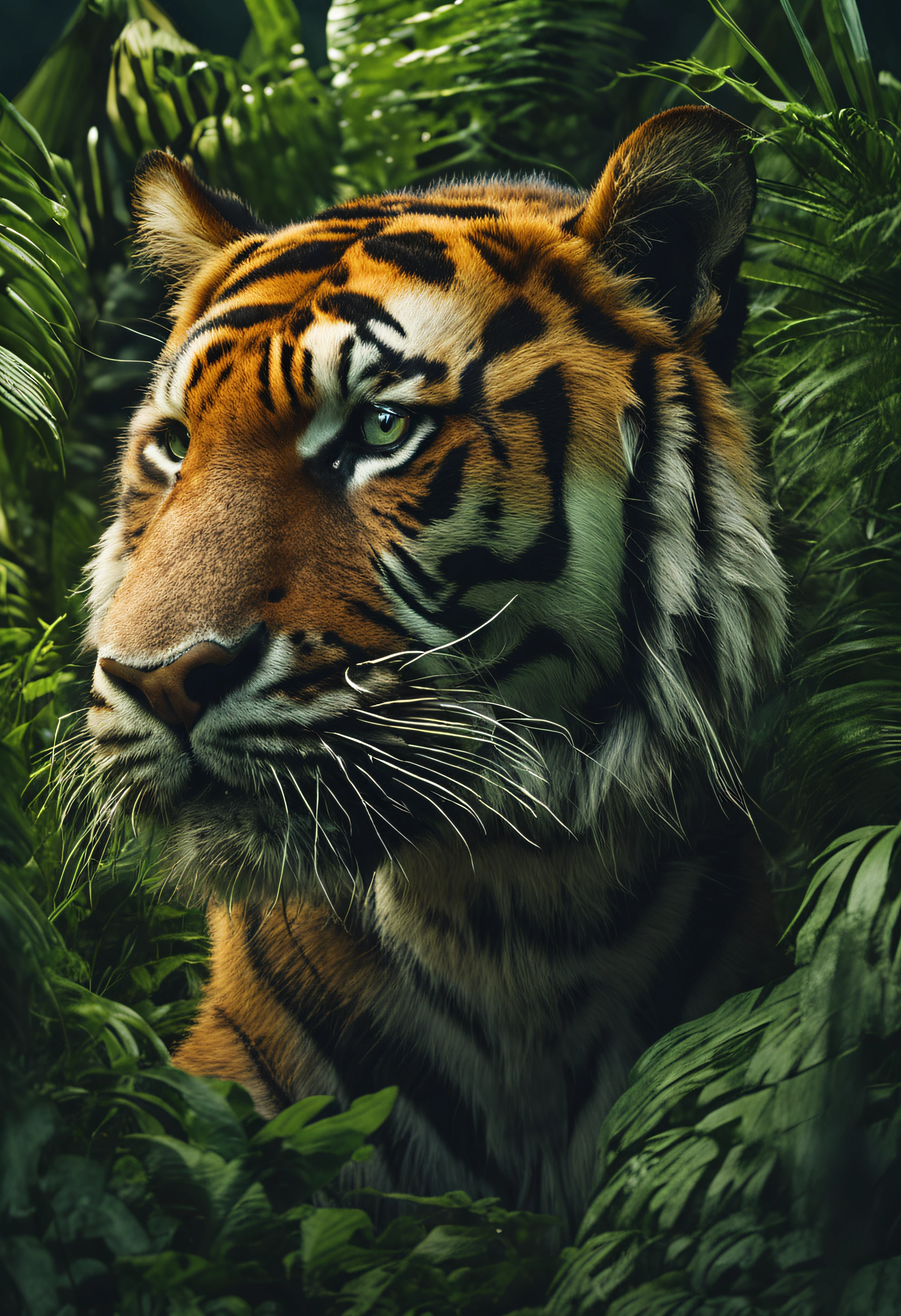 High nation-geographic symmetrical close-up portrait shoot in green jungle of an expressive tiger, anamorphic lens, ultra-realistic, hyper-detailed, green-core, jungle-core –ar 16:9 –q 2 –v 5