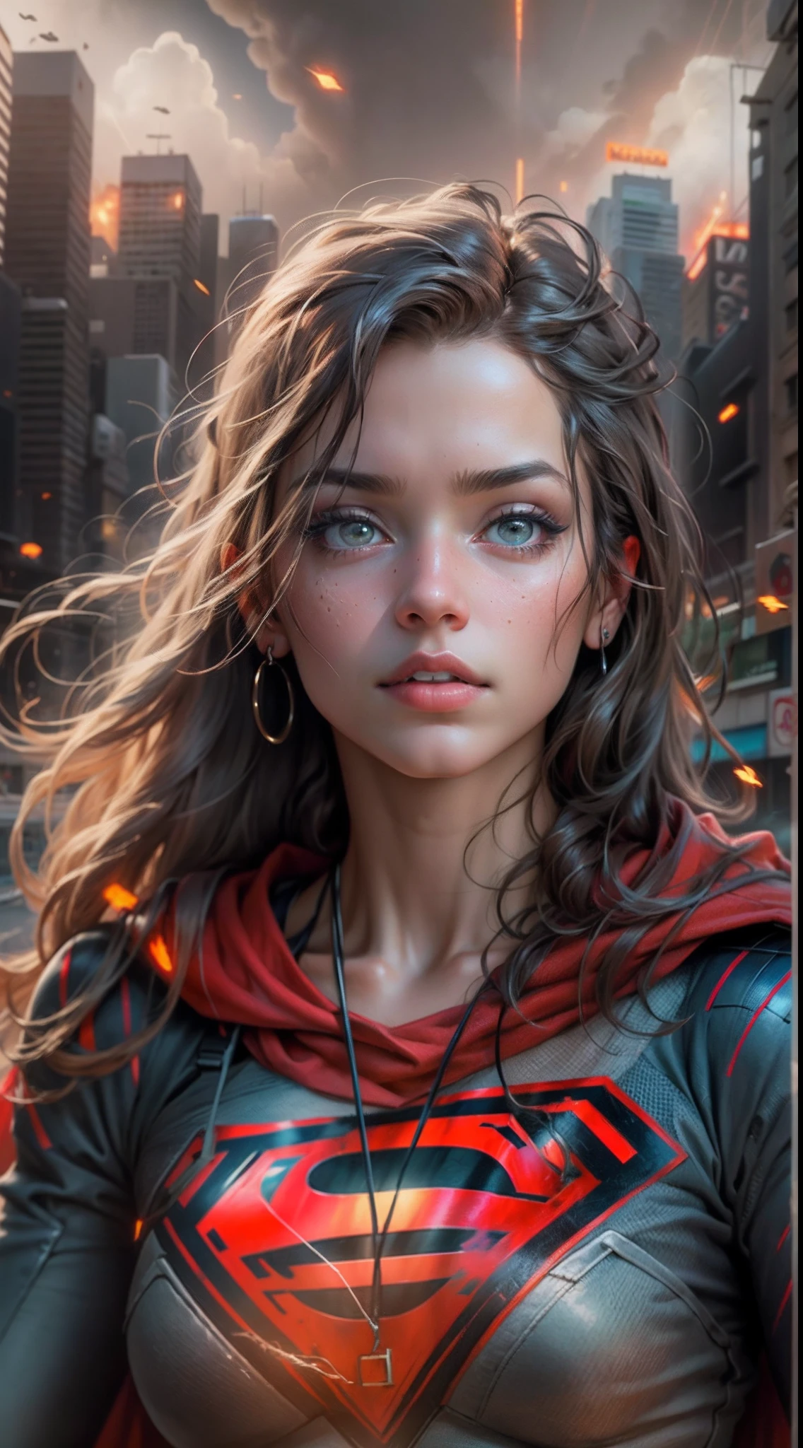 motor irreal:1.4,CG ultra realista 64K, fotorrealista:1.4, textura de la piel:1.4, obra maestra:1.4,posing behind Beautiful Woman in a Supergirl costume standing in front of an apocalyptic city of fire, mostrando vientre plano,Minifalda roja, ,hermosas manos finas,