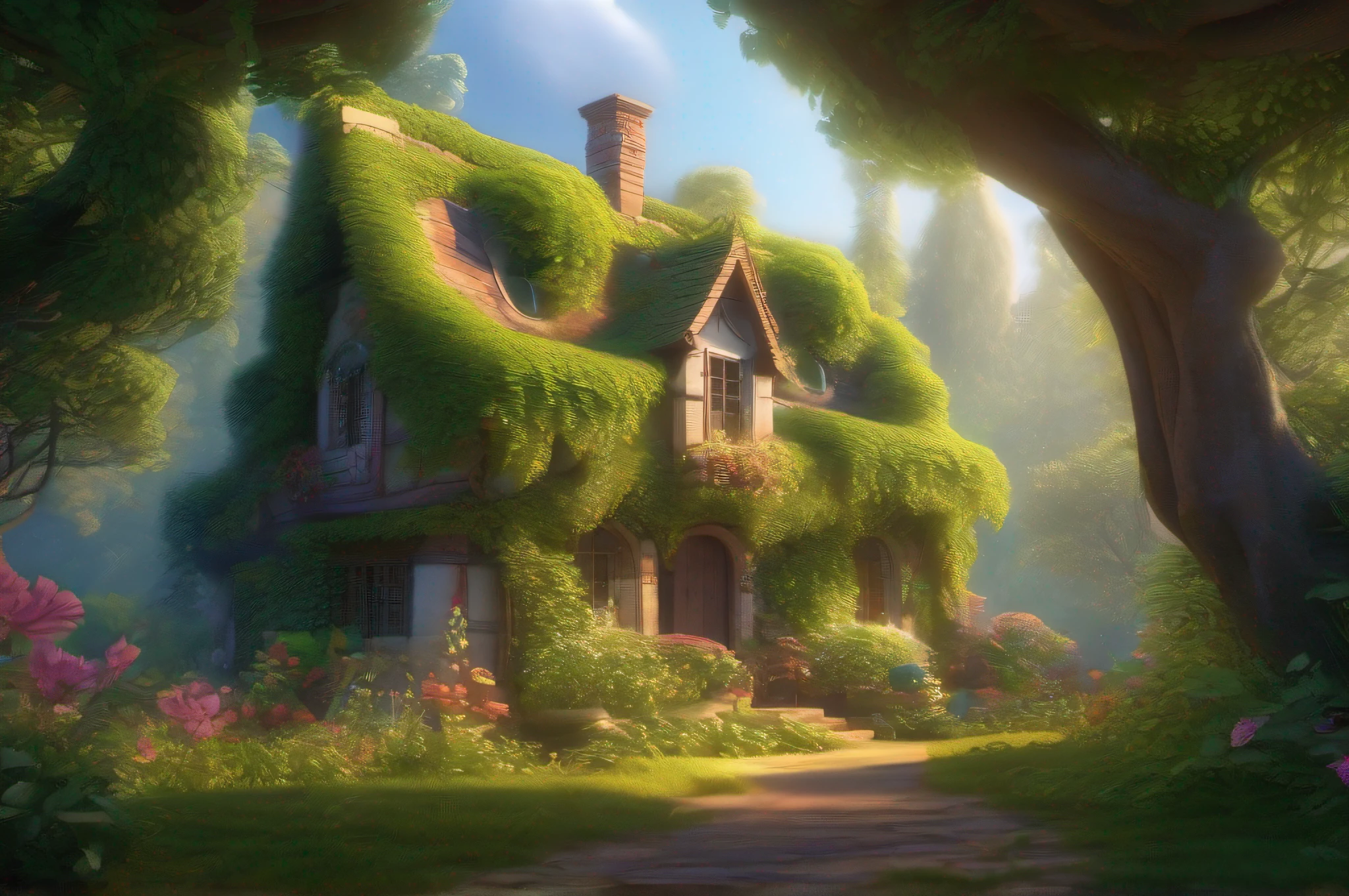 A captivating Pixar 3D artwork brings the concept of being covered in vines to life. The scene features an enchanting forest clearing, where a charming cottage is concealed beneath a cascading curtain of vines. The intricate details of the foliage and the interplay of light and shadow showcase the artist's skill in 3D rendering. The color temperature leans towards cool tones, enhancing the verdant nature of the scene. If characters are present, their expressions convey a sense of wonder and serenity. The lighting creates a soft, magical glow, enveloping the scene with a dreamlike atmosphere. --v 5 --stylize 1000