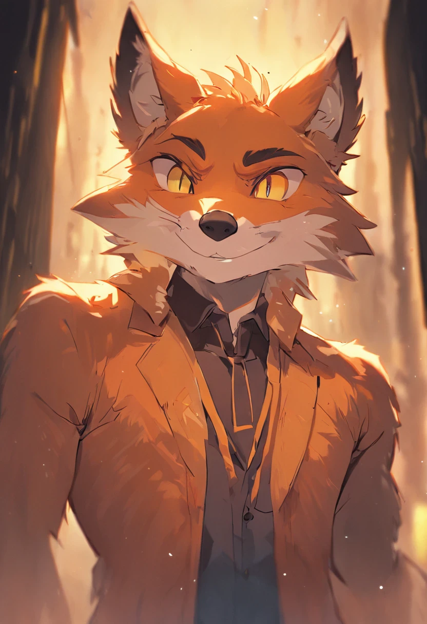 4K, high resolution, Best quality, Masterpiece, perfect colors, perfectly shaded, Perfect lighting, posted on e621, (by Chunie), Furry, anthro, Furry art, ((Portrait)), anthro male fox,, Two-tone leather,(Lunette de soleil),hairy bodies, Yellow eyes, perfect male figure, (leisure wear),Detailed fur, Detailed face, Perfect face, (The stands up), Detailed background, ((Bonifasko lighting)), coda, (Detailed eyes), perfect pupils