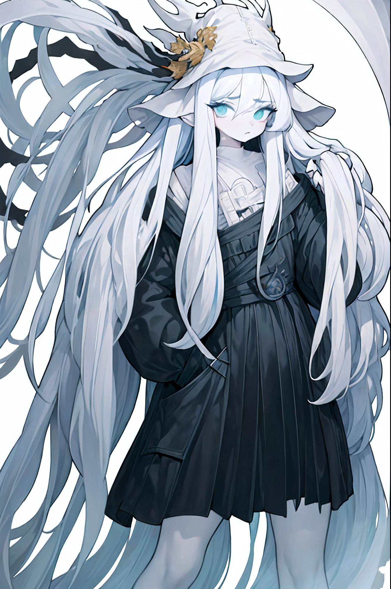 white hair, messy hair, long hair, (expressive eyes, green eyes, glowing eyes),[(white background:1.9)::0.9], [(transparent background:1.3)::5],Witch hat,
\\
masterpiece,best quality,flat color,offical art,white theme,(ultra-detailed),(illustration),ink and wash painting,blue eyes,cold face,looking_at_viewer,1 girl,solo,[(white hair:1.2):(blue hair:1.2):0.5],long hair,wavy hair,bare shoulder,((cold expression)),black chinese dress,black skirt,cute face,white stocking,blue_ inner_hair,shawl,thighs,anklet,femoral ring,(put hands in the pocket:1.4),