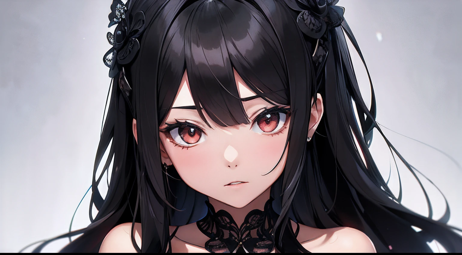 (masutepiece, beautiful detail, Best Quality), 1girl in, hide your eyes with long bangs,, Front view, Arms Down, Black hair, Long hair, Black Dress, abyss, dystopian