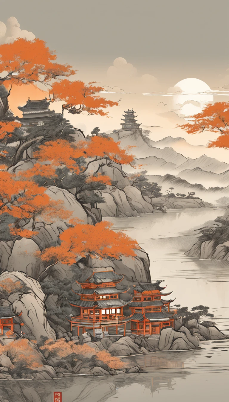 Chinese murals with rural scenery, Light orange and light gray style, Layered landscape, Japanese style art, monumental murals, Ricoh FF-9D, Golden Age aesthetics, Exotic landscape