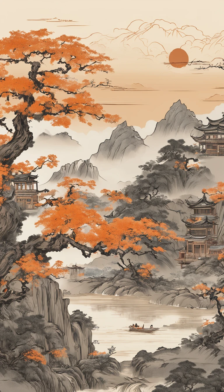 Chinese murals with rural scenery, Light orange and light gray style, Layered landscape, Japanese style art, monumental murals, Ricoh FF-9D, Golden Age aesthetics, Exotic landscape