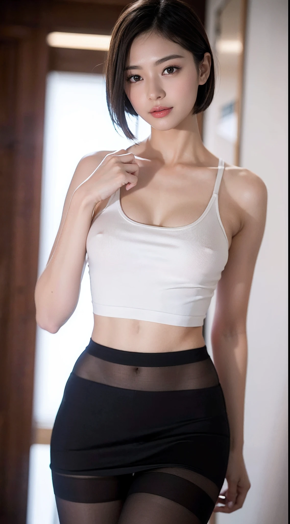 face is :9,503917907], Upper-class real college girl、Wearing a short skirt and tank top、 (Wearing pantyhose、Very realistic pantyhose)、165 cm tall, Japanese Models, Short Layer Hair、japanaese girl, Neat and clean Japan woman, A smile、goddess of Japan, Innocence、Realistic Pantyhose、Raw photo, (8K、top-quality、​masterpiece:1.2)、(intricate detailes:1.4)、(Photorealsitic:1.4)、octane renderings、Complex 3D rendering ultra detail, studio lights, Rim Lights, vibrant detail, super detailing, Realistic Pantyhose、realistic skin textures, Detail Face, Beautiful detail eyes, Very detailed CG Unity 16k wallpaper, make - up, (detailedbackground:1.2), shinny skin、turned around、Exposed thighs!!!