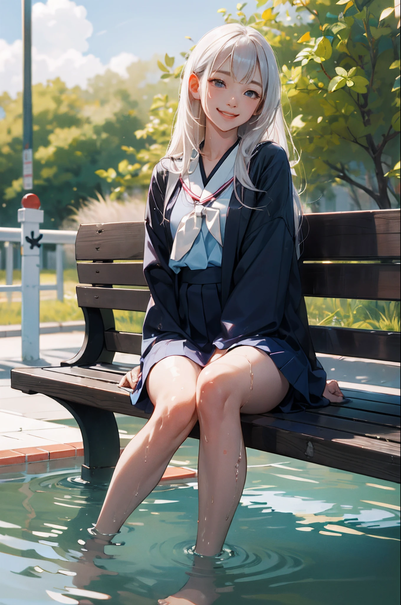 Masterpieces,solo, small breast, anime, walpaper 1:1, Japanese school dress, wet body,8k ,open legs, sitting on bench, smile, white long hair,