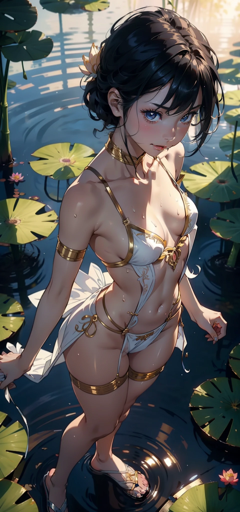 1female,age 5,Small ,Small chest Thin waist,Slim,,Pornographic exposure, 独奏,(Background with:bamboo forrest,lotuses,lotus flower,exteriors,Lotus pond) She has short black hair,standing on your feet,Sweat profusely,drenched all over the body,seen from the front, hair straight, mostly cloudy sky,(((tmasterpiece),(Very detailed CG unity 8K wallpaper),best qualtiy,cinmatic lighting,detailed back ground,beatiful detailed eyes,Bright pupils,Black eyes,(Very fine and beautiful),(Beautiful and detailed eye description),ultra - detailed,tmasterpiece,)),facing at camera,A high resolution,ultra - detailed),revealing breasts,Bare genitalia, Bulge,legs are open,Raised sexy,Camel toes,Flushed complexion,Open-mouthed,frontage,Gold Saint Seiya,(Wearing:Transparent apron,Gold wire embroidery)
